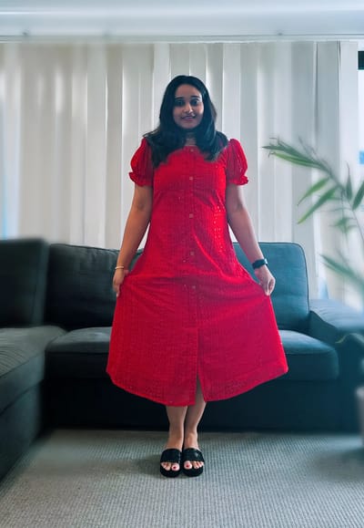  Red Textured Button-Front Dress