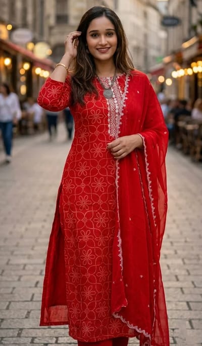 Red Embroidered Salwar Suit with Mirror Work