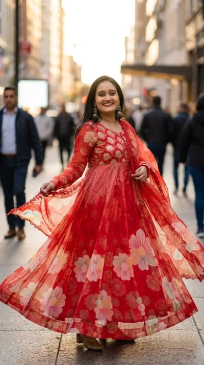 Red Floral Printed Anarkali Suit