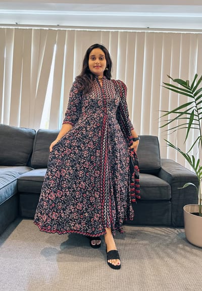  Black and Red Floral Printed Anarkali Dress