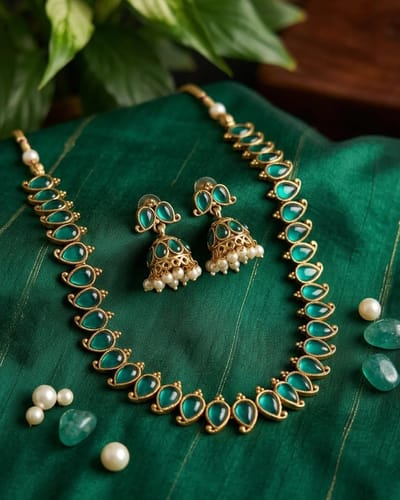Emerald Green Mango Necklace with Jhumkas