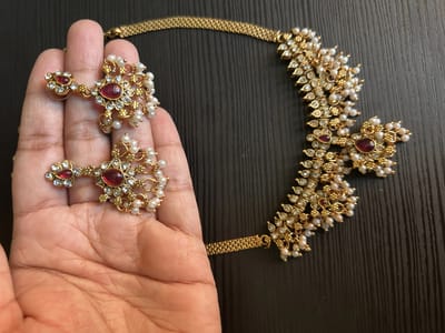 Ruby & White Stone Pearl Drop Necklace Set