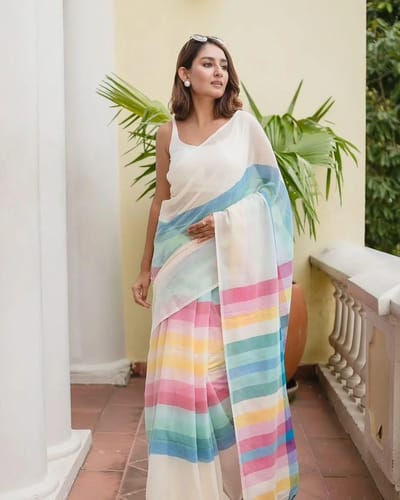 White Saree with Multicolored Stripes