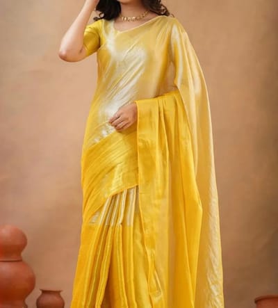  Yellow Silk Blend Saree with Pleated Details