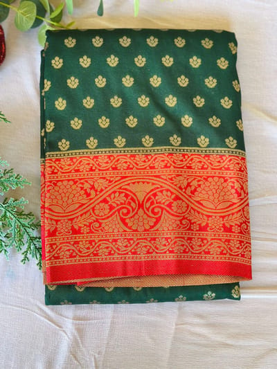  Green and Red Silk Saree with Gold Zari Weaving