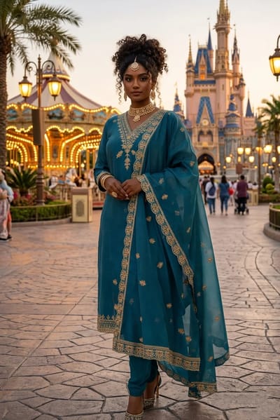  Teal Kurta with Gold Embroidered Yoke