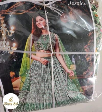  Green Printed Lehenga Choli with Embellished Blouse and Net Dupatta