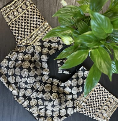 Black and Gold Printed Blouse with Embroidered Sleeves