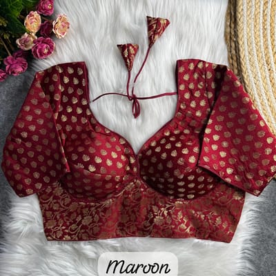 Maroon Brocade Blouse with Gold Buta and Floral Motifs