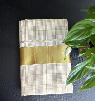 White and Gold Checked Kasavu Saree with Gold Zari Border