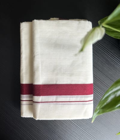  White Kasavu Mundu with Red Zari Border and Stripes. Mundu only
