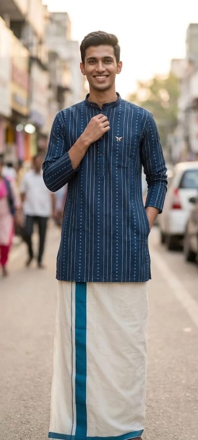  Blue and Gold Striped Kurta with Diamond Motifs. Kurta only