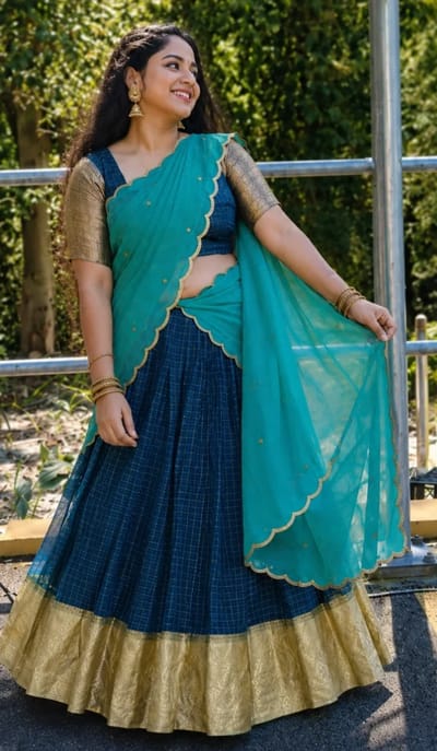  Gold Brocade Blouse with Blue and Silver Checked Skirt and Teal Blue Plain Shawl (Dhavani Set)