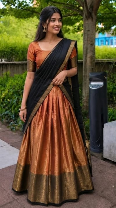 Red Brocade Top with Red Brocade Skirt and Black and Gold Bordered Shawl (Dhavani Set)
