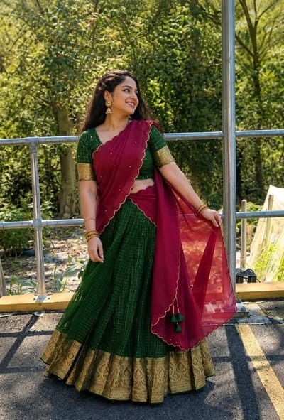 Maroon Embroidered Blouse with Green Checked Skirt and Rust Striped Shawl (Dhavani Set)