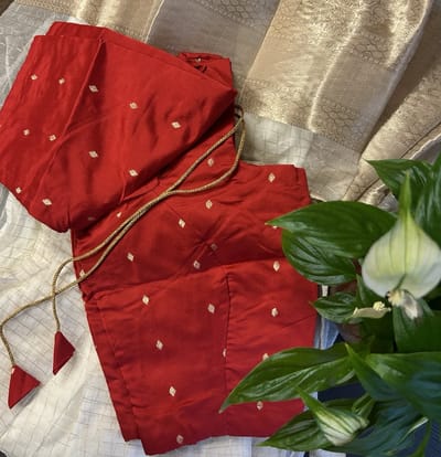  Red Brocade Blouse with Gold Diamond Motifs and White and Gold Brocade Skirt