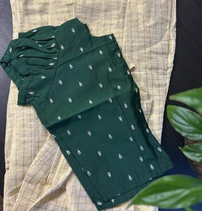 Kids Green Embroidered Top with Ruffled Sleeves and Cream and Gold Checked Skirt