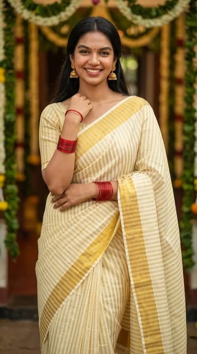 Gold-Striped and Broad Gold-Bordered Single Set Mundu