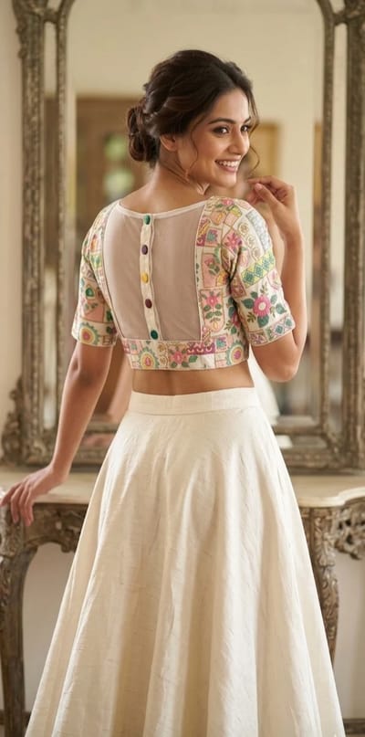 Colorful Printed Brocade Blouse with Floral and Abstract Patterns