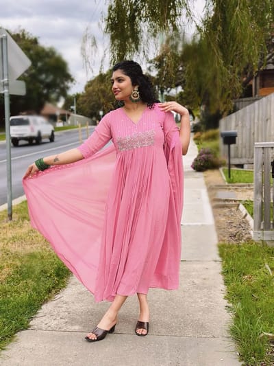 CLARA - Pink Anarkali Kurta with Silver and Green Embroidered Yoke