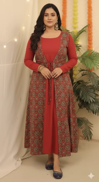 Red Dress with Printed Rust Shrug