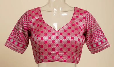 Rani Pink Brocade Saree Blouse with Silver Circle Motifs