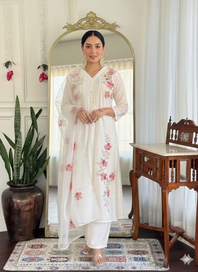 Off-White Floral Embroidered Chanderi Anarkali Suit with Organza Dupatta