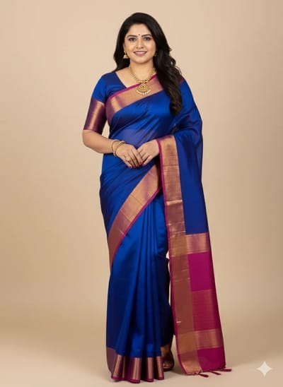 Royal Blue Mul Cotton Saree with Rani Pink Zari Border (with blouse)