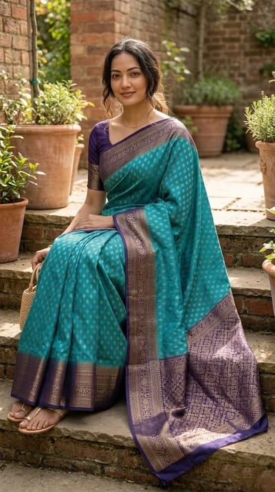 Sea Green Georgette Banarasi Saree with Navy Blue Floral Zari Border and Matching Blouse