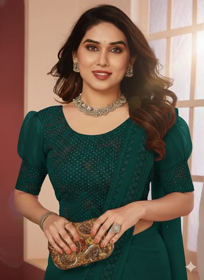 Deep Emerald Green Embroidered Stretchable Blouse with Puff Sleeves and Intricate Beadwork