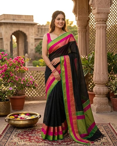 Mul Cotton Black Color saree 