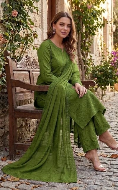 Olive Green Ryon Chickenkari Three Piece Suit