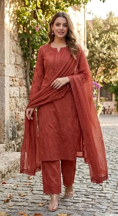 Rusty Orange Three Piece Chickenkari Suit