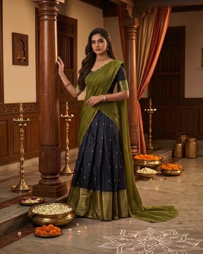 Kasavu Dhavani Olive Green