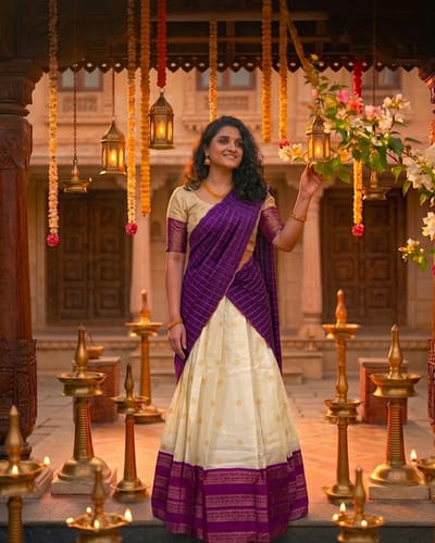 Lichi Silk Purple Checked Dhavani