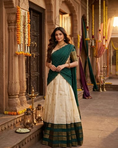 Lichi Silk Deep Green Checked Dhavani