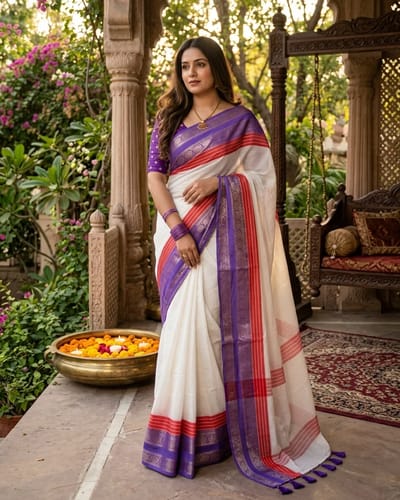 Multi layered Purple Border Mulcotton Saree