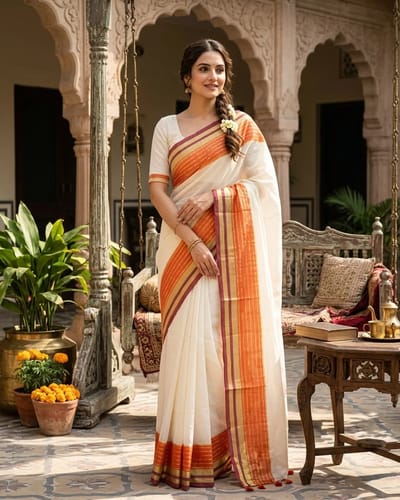Orange Coffee Border Mulcotton Saree