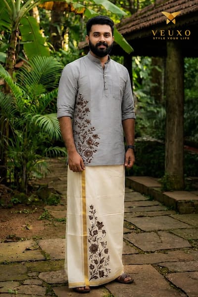 Ash floral printed Kurtha and dhothi combo