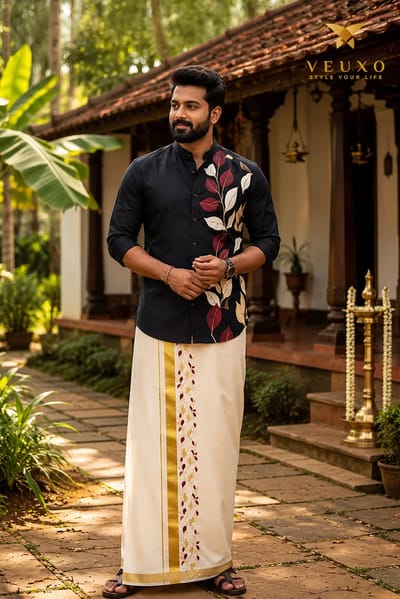 Black floral printed satin shirt and dhothi combo