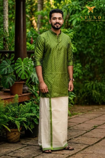 Green premium silk Kurtha and dhothi combo