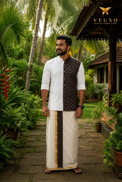 Black and off white Ajrak printed Kurtha and dhothi combo