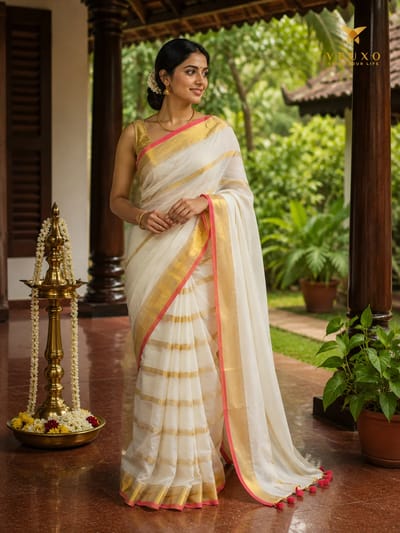 Fully striped off white Mulcotton saree with red tussels