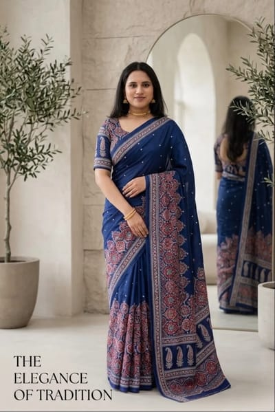 Ready to wear semi modal blue saree with Mirrorwork