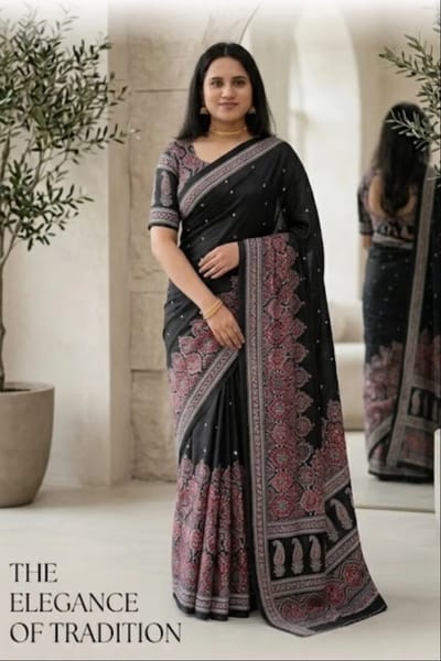 Ready to wear semi modal black saree with Mirrorwork
