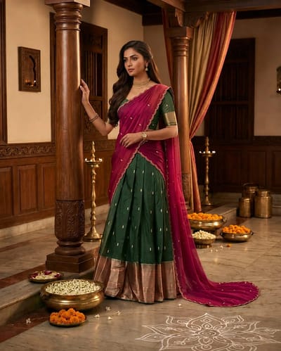 Kanji Cotton Emerald Green & Magenta Pink Dhavani