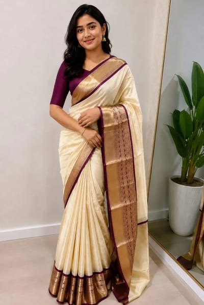 The elegant light gold silk saree