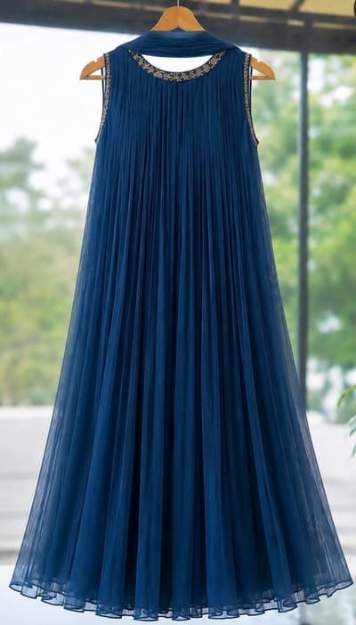 Elegant Midnight Blue Pleated Sleeveless Salwar with Golden Hand Works