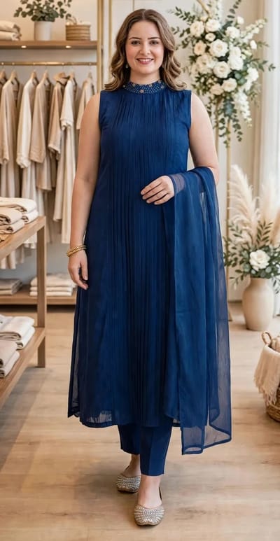 Elegant Midnight Blue Pleated Sleeveless Salwar with Golden Hand Works