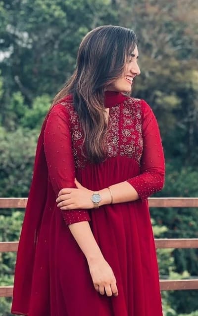 Maroon Red Georgette Flared Anarkali Salwar with elegant floral pattern hand worked  yoke
